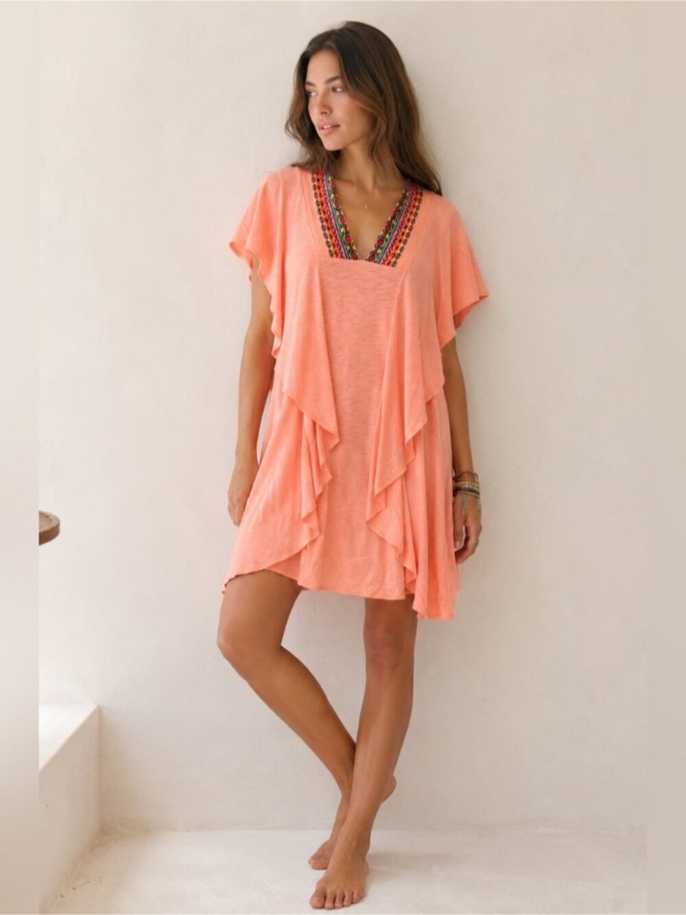 Pitusa Coral Beaded V-Neck Ruffled Swim Coverup
